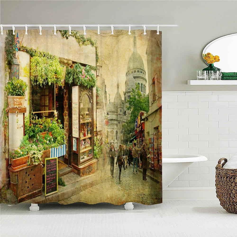 

3D European-Style Town Street Landscape Printing Bathroom Waterproof Shower Curtain Polyester Curtain Home Decoration Curtains W120H180(CM)-1 Pcs