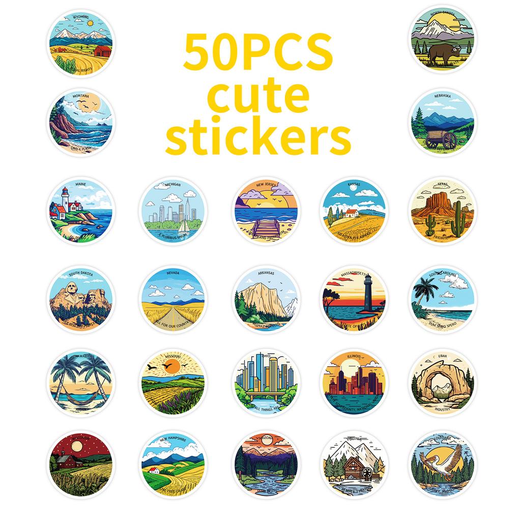 New 50 Pictures of Mainland Landscape Aesthetic Cartoon Graffiti Round Stickers Creative DIY Suitcase Mobile Phone Stickers