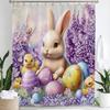 Cute Bunny Shower Curtain, Floral Colorful Eggs Wooden Plank Bowknot Bathroom Decorative Curtain, Waterproof Shower Curtain