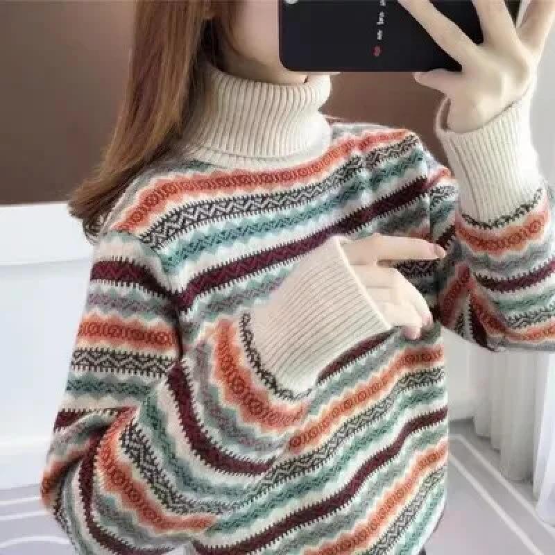 

Осенне-зимний ретро жаккардовый полосатый свитер с высоким воротником женский модный зарубежный стиль контрастные цвета свободный базовый вязаный свитер average size F