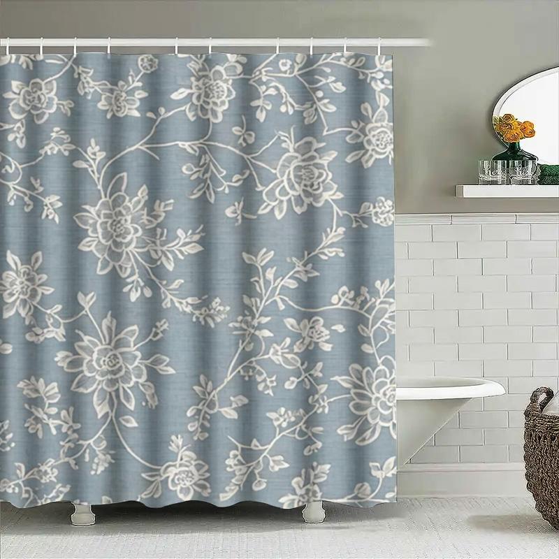 Stylish Floral Waterproof Shower Curtain For Bathroom Decor Blue And White Fabric Shower Curtains With Ring Holders Set