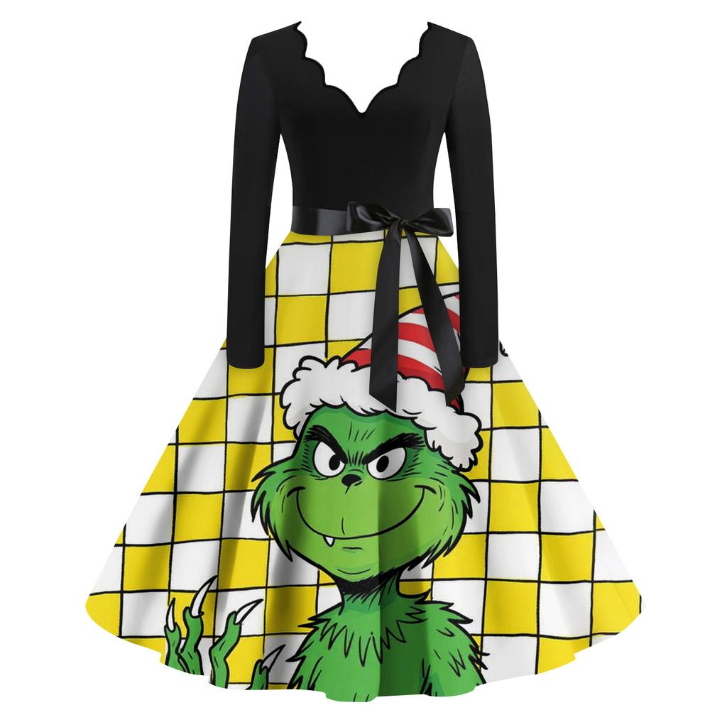 Ladies' Fashionable Retro Long Sleeved Square Neck Christmas Printed Evening Dress Dress