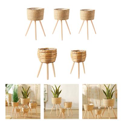 Slama Pletené Kvetináče Kôš na Rastliny Trávnikový Kvetináč s Dreveným Stojanom Vnútorný Vonkajší Záhradný Úložný Kontajner Domáca Dekorácia