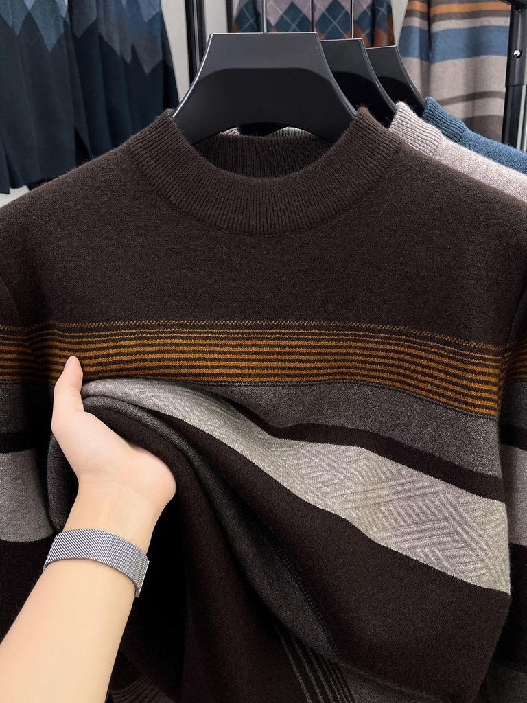 Men's Autumn/Winter 2025 Striped Knit Sweater - Middle-aged, Round Neck, Loose Fit, Elastic, Dad's Wardrobe Essential