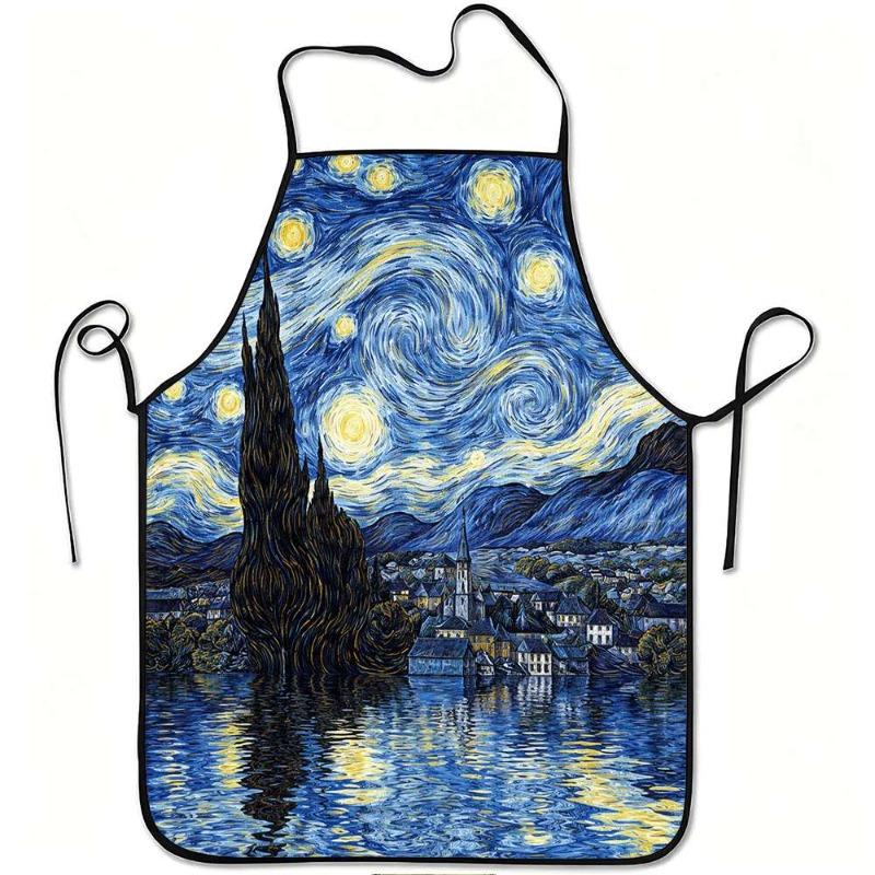 1pc Starry Night Scenery Printed Apron, Durable And Easy to Clean, Adjustable Waistband, Polyester Material, Suitable for Kitchen Cooking, Gardening,