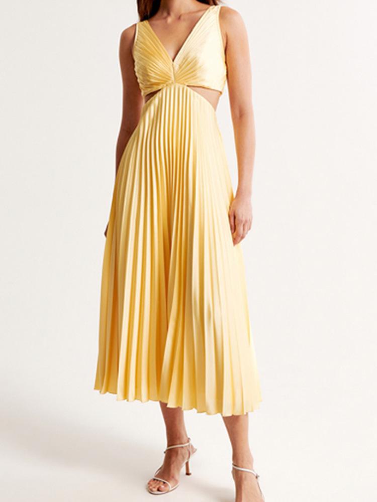 2024 Summer Elegant V-Neck Sleeveless Backless Pleated Dress for Women