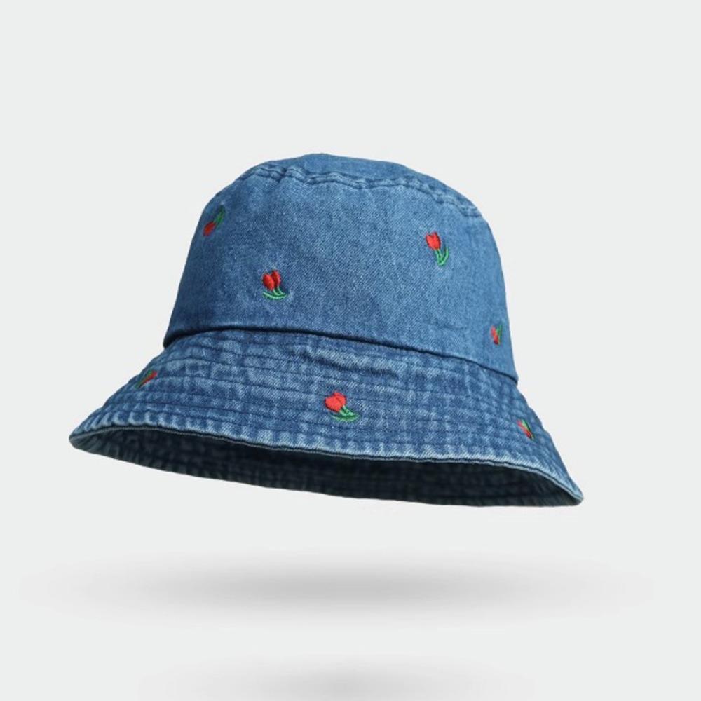 Foldable Women's Bucket Hat Rose Embroidered Beach Sun Hat Breathable Denim Fisherman Hat Summer