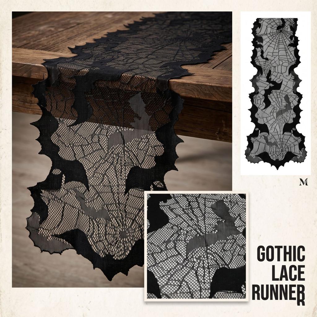 Halloween Black Lace Table Runner with and Design for Holiday Party Home Decor
