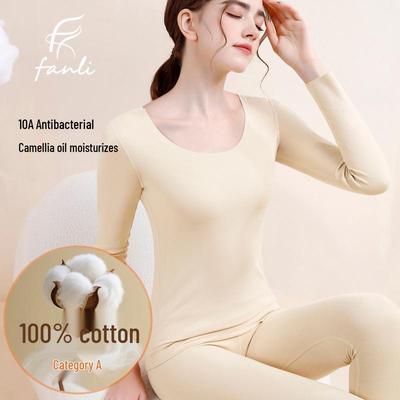 Women's 100% Cotton Antibacterial Long Johns & Underwear Set - Autumn/Winter Warm, Round Neck, Skin-Friendly Base Layer