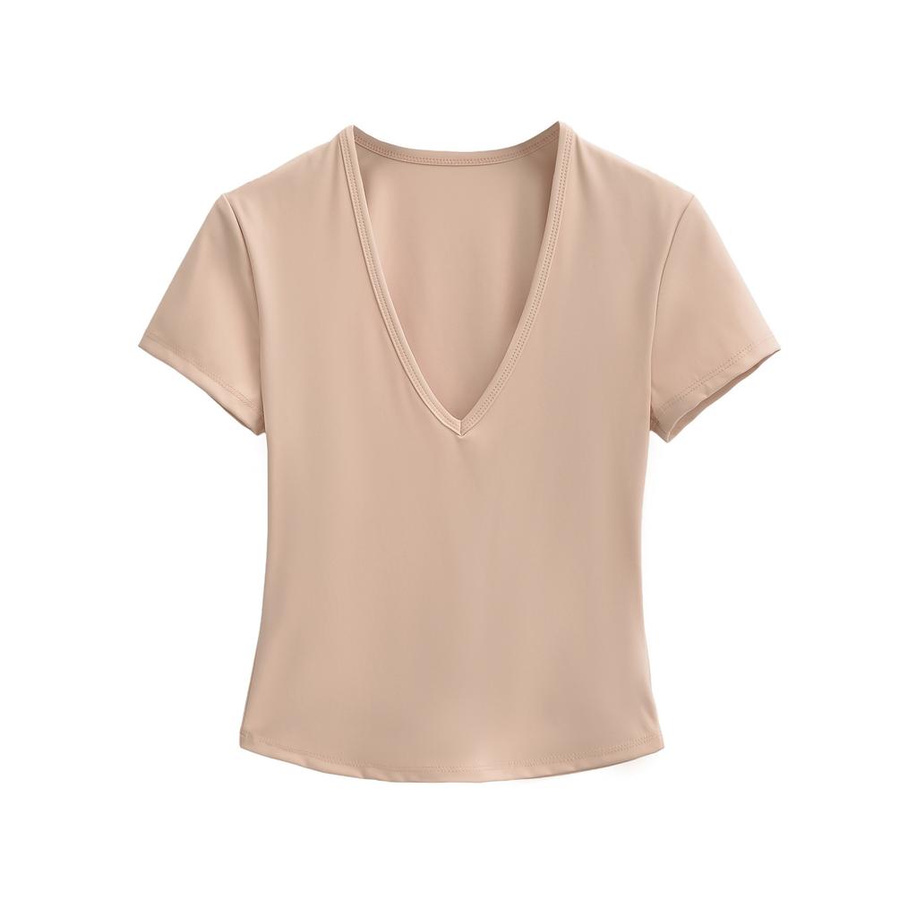 Deep V-neck Short-sleeved T-shirt Women's Summer New American Spice Girl Solid Color Slim-fitting and Thin Bottoming Shirt Sports Top