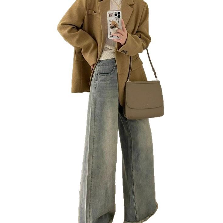 Wide-legged Jeans Women Spring and Summer Big Size High-waisted Vintage Loose Rough Edges Design Sense of The Straight Tube Drag Ground Long Trousers
