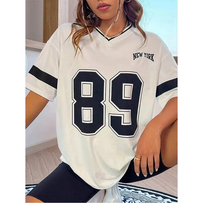 Sommer Damen T-Shirts Nummer 89 Kurzarm Trend 3D-Druck V-Ausschnitt Sport Tees Streetwear Oversized Lässige Mode Damen Top