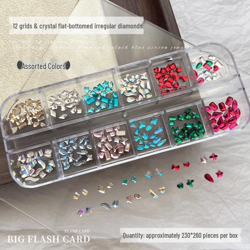 Flat-Bottom Irregular Diamond Nail Art Accessories: 12-Grids Crystal Champagne Pink DIY Nail Drills