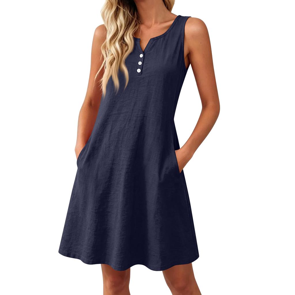 Summer Dresses Loose V Neck Sleeveless Sundresses Swimsuit Coverup With Pockets