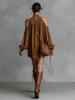 European & American Suede Plush Lantern Sleeve Off-Shoulder Mini Dress, Half-High Collar Halter Neck, 2025 Fashion.