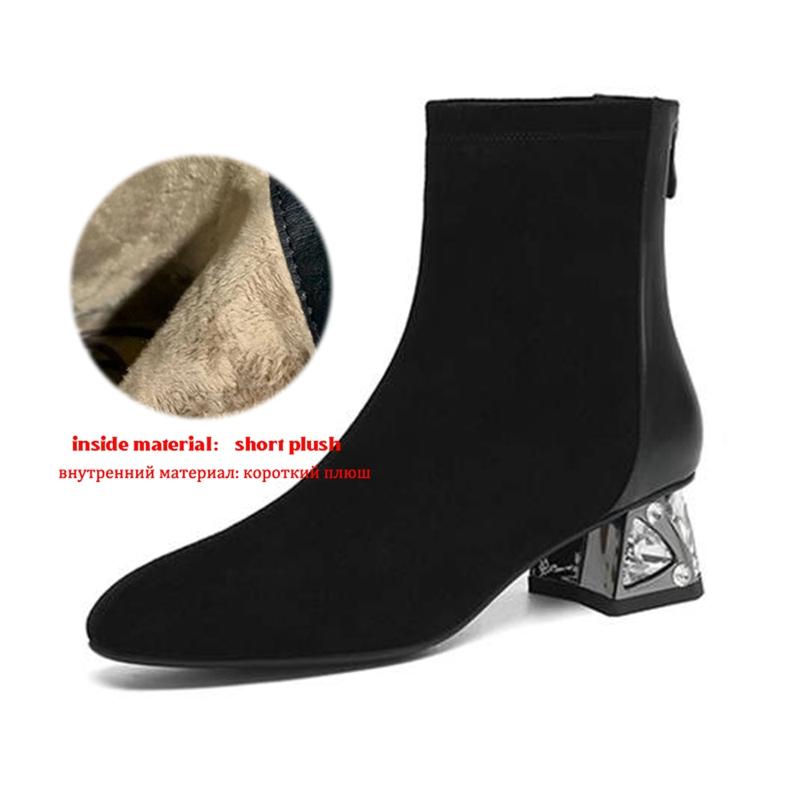 Krazing Pot Cow Suede Nubuck Winter Round Toe Chelsea Boots Med Heels Zipper Crystal Heels Women Ankle Boots