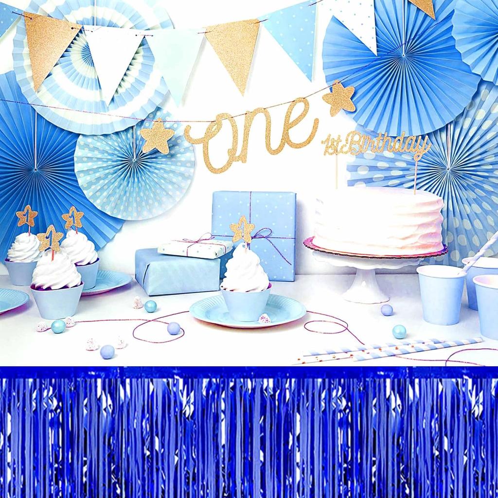 3 Pack 29 x108 Inch Blue Foil Fringe Table Skirts Metallic Banner for Tel Streamer Garland Backdrop for Parade Floats Mother's Day, Graduate,