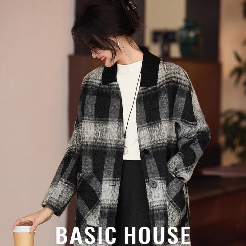 Basic House Women s Retro Plaid Double-faced Wool Coat L