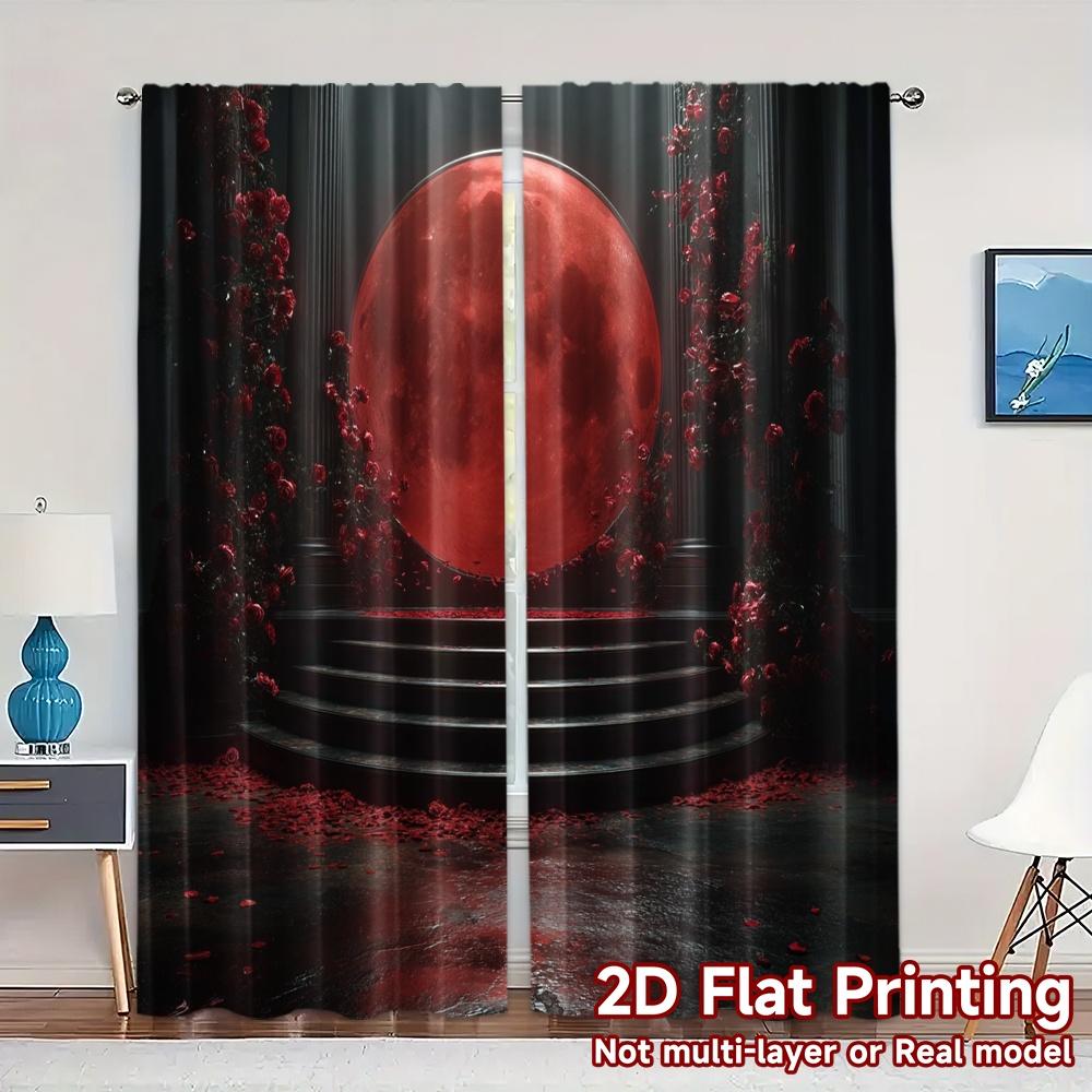 

Contemporary Flat Printing Curtains Without Rod Red Moon Ceremony Chic Fabric Outdoor Decorations Set Of 2 Made Polyester W100*H70(CM)-Grommet top&2PCS