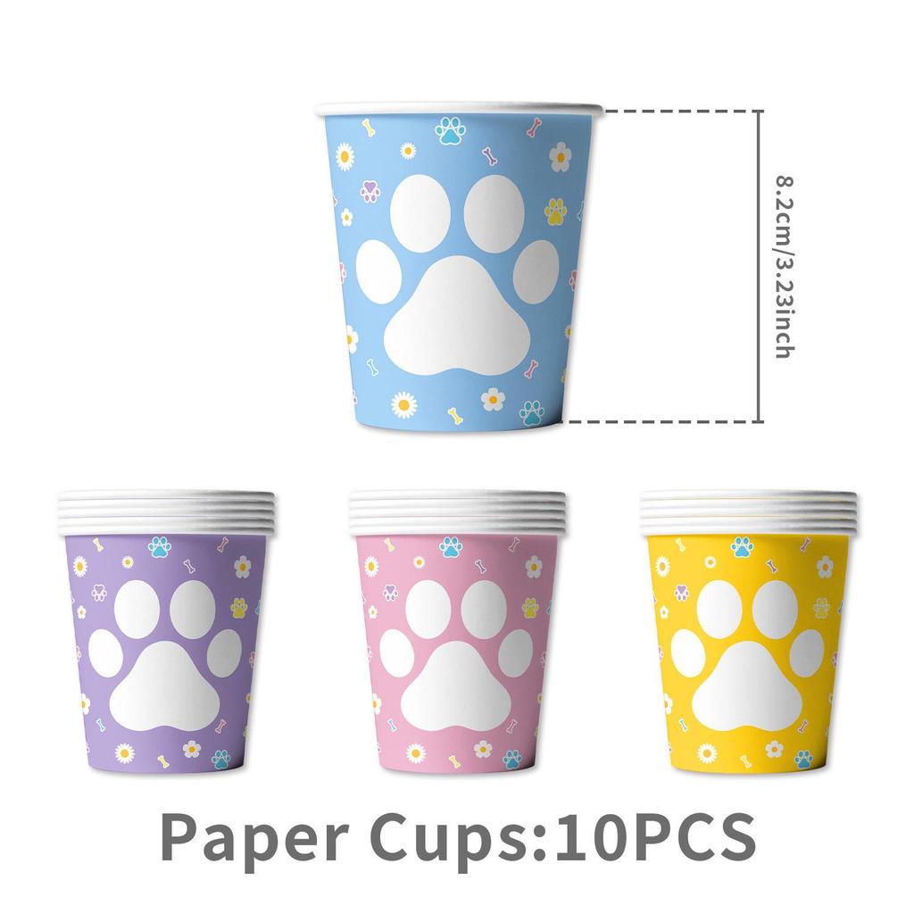 Cute Dog Paw Birthday Party Tableware Set: Cups, Napkins, Tablecloth, and Flags.
