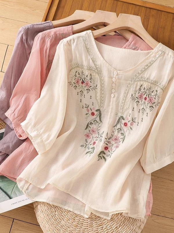 Embroidered Cotton Linen Short Sleeve Chinese Blouse for Women - Loose, Slimming, and Versatile