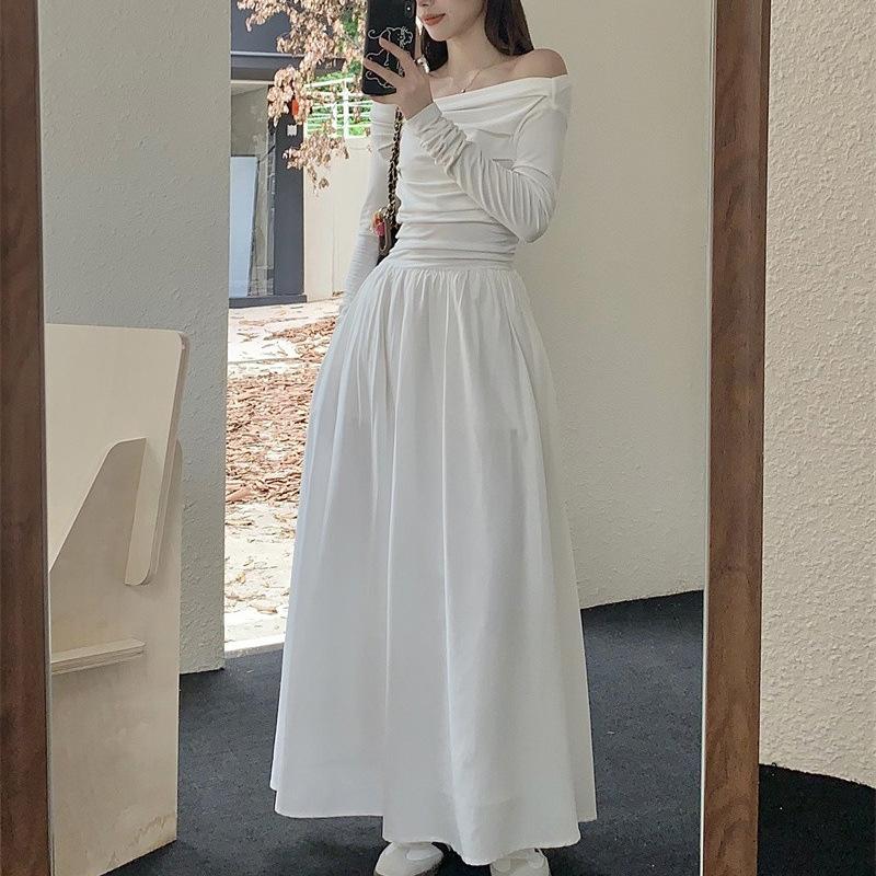 

Белое платье с длинными рукавами для женщин на весну, осень и зиму, элегантное, с завышенной талией и открытыми плечами XL белый