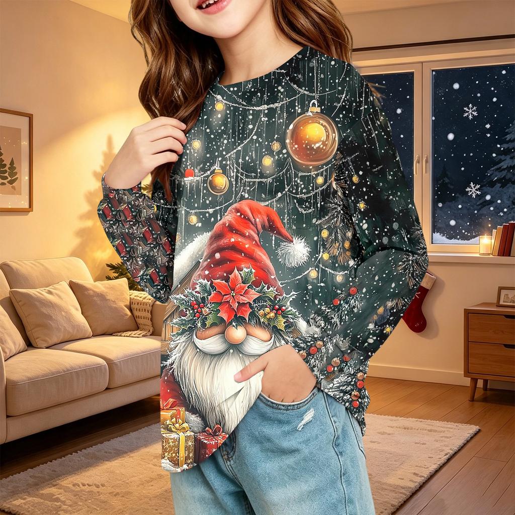 Kids Fashion Christmas Long Sleeve Neck Top with Pocket, Holiday Print Shirt for Boys and Girls