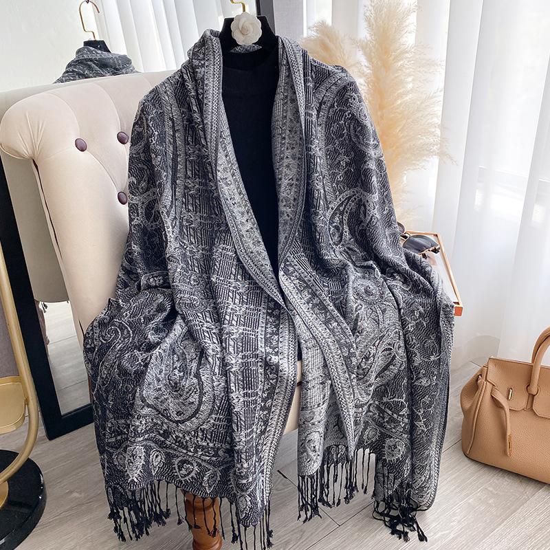Jacquard Scarf Shawl Tassel Cashew Jacquard Ethnic Style Scarf Women's Autumn and Winter Retro Scarf Warm and Cold-proof Shawl