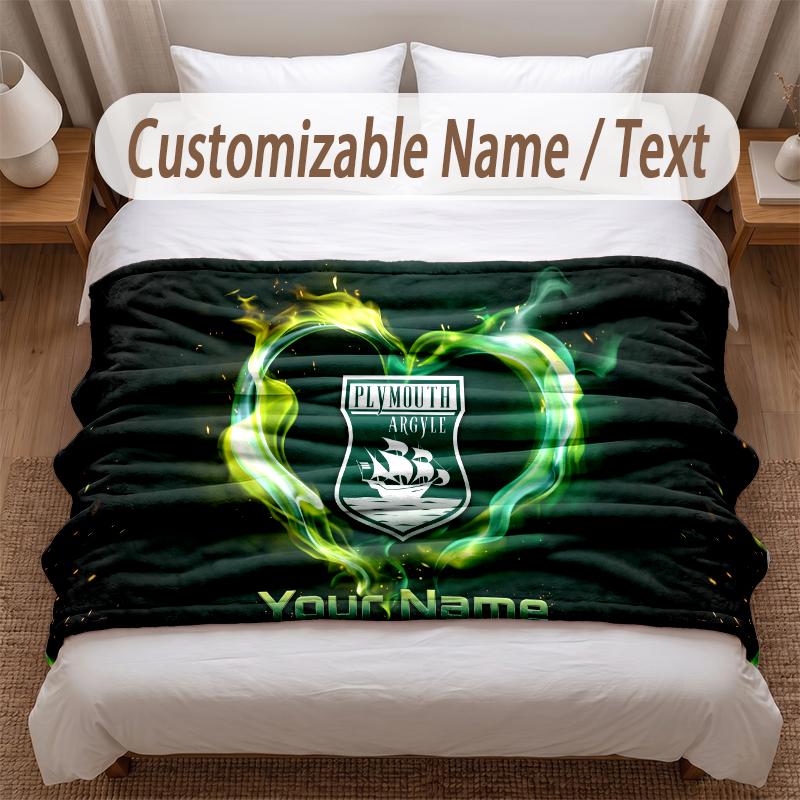Plymouth Argyle FC Printed Flannel Blanket Custom Name Text Soft Warm Throw For Bedroom Holiday Gift