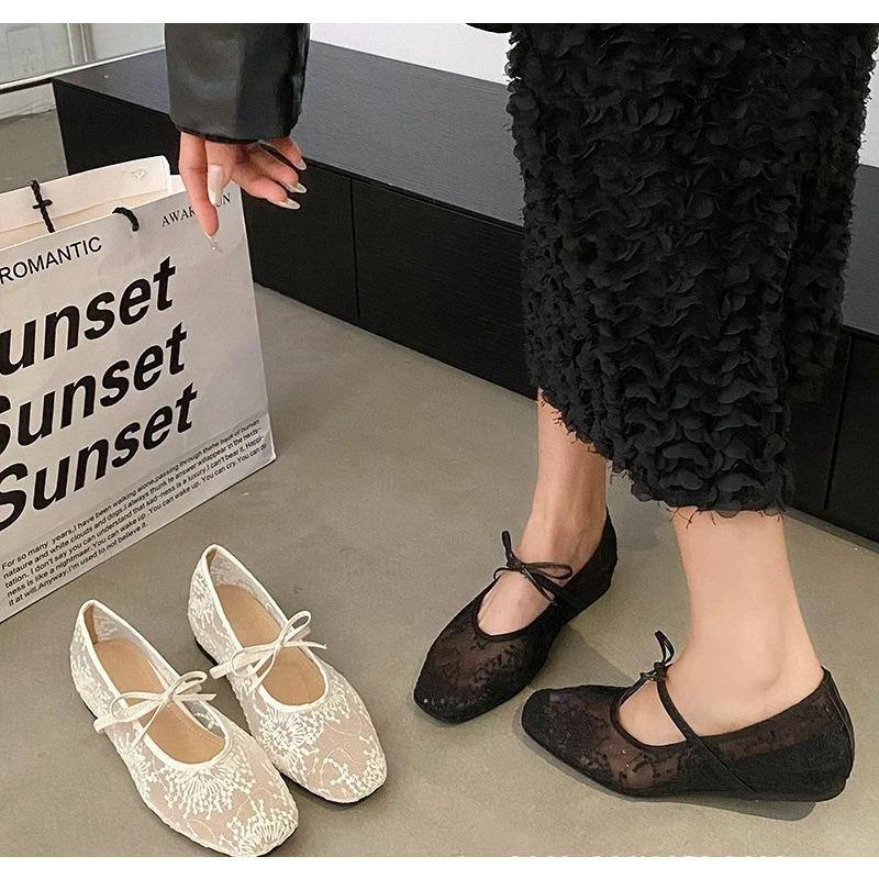 Women's Lace Embroidered Ballet Flats Square Toe Bow Tie Strap Breathable Casual Shoes