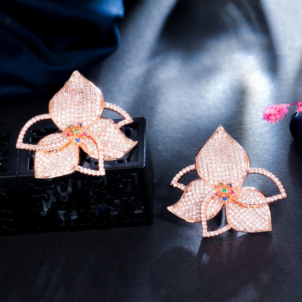 E0227 Personalized Petal Earrings Micro-Inlaid Zircon Color-Preserving Summer Trinkets