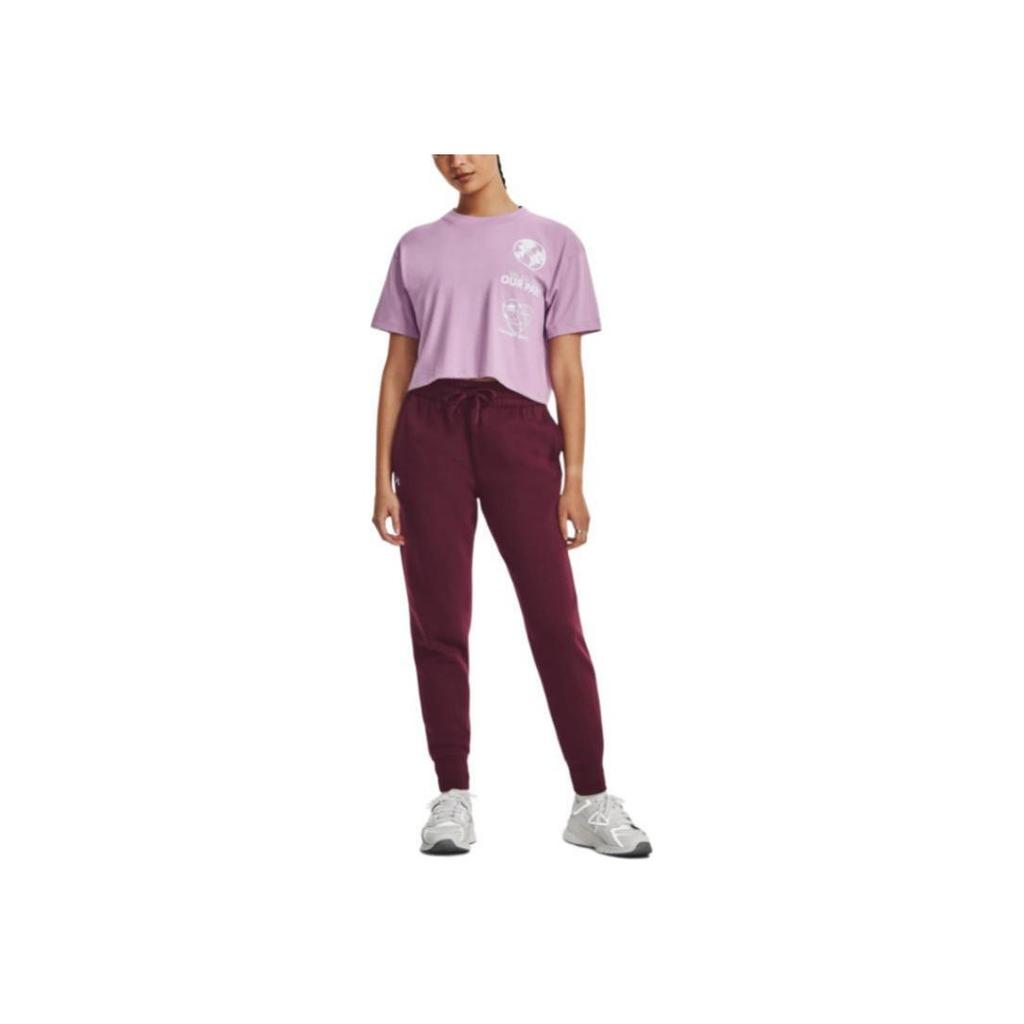 Under Armour Solid Color Lace-Up Logo Tapered Knit Sports Pants Women pants Burgundy 1379438-600