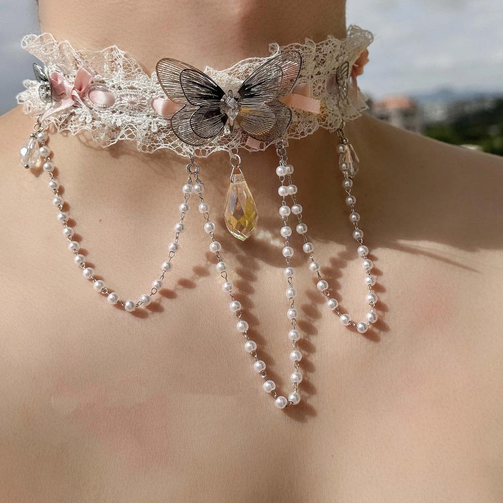 Lolita Lace Bow Choker Pearl Tassel Butterfly Necklace Rhinestone Pendant Necklace  Music Festival