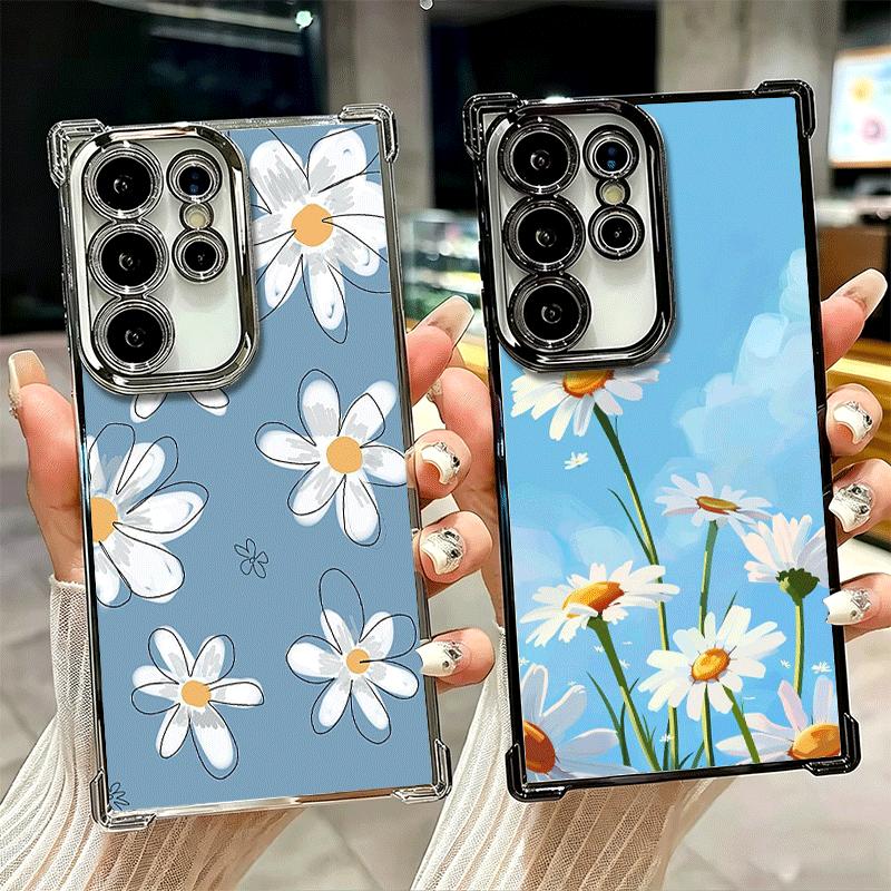 Daisy Flowers Aesthetics Plating Phone Case For Samsung Galaxy S24 S25 FE S26 Edge S23 Ultra S22 S21 Plus S20 Anti-Fall Airabag