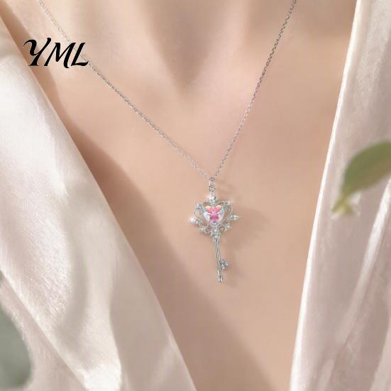 Minimalist Key Shaped Necklace Magic Pendant Necklace, Pink Cubic Zirconia Heart Cute Jewelry Rhinestone Sweet Fairy for Women Girls Delicate