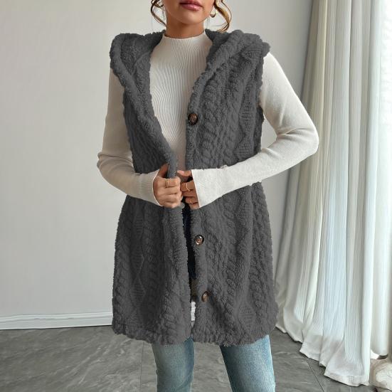 Women's Sleeveless Hoodie Coat Button Down Faux Fur Fuzzy Coat Oversized Textured Hooded Vest Fall Outerwear