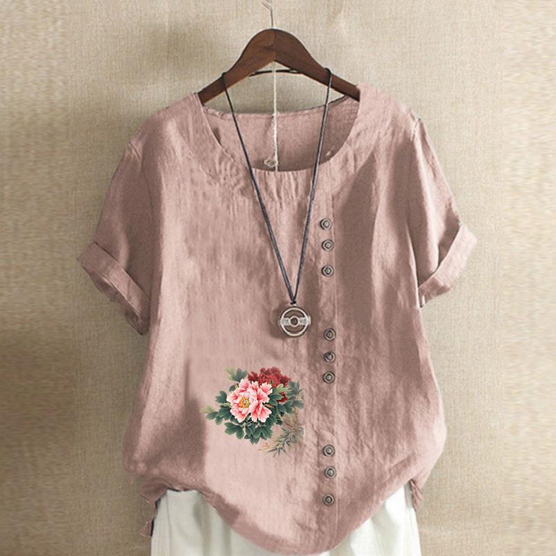 Damen T-Shirt mit Rundhalsausschnitt, kurzärmelig, Blumenmuster, Leinenhemd, Sommer, lässig, Übergröße