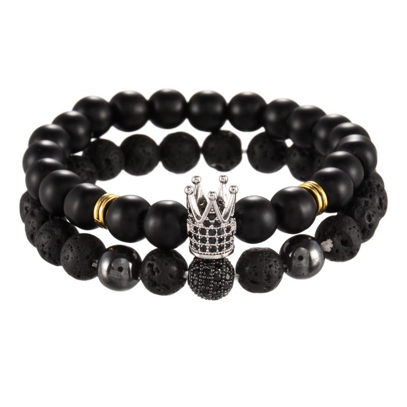 Accessories 8mm black frosted volcanic stone mixed with micro-inlaid zircon diamond ball crown bracelet, set