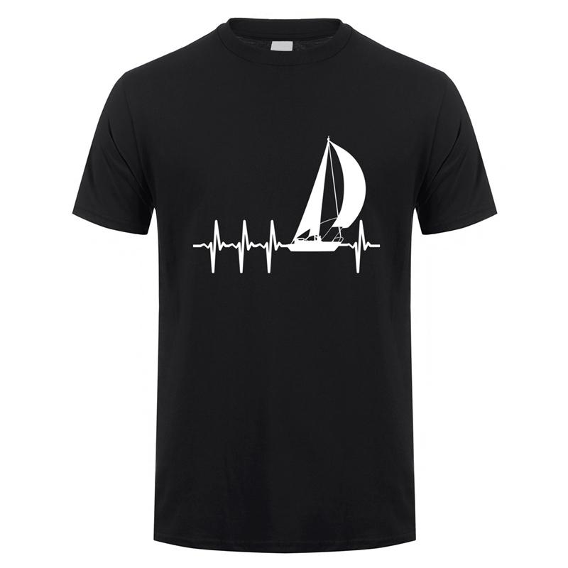 Cool Heartbeat Sailing T Shirt Men Short Sleeve Cotton Boat Sail T-shirts Man Tops Tee  Gift JL-042