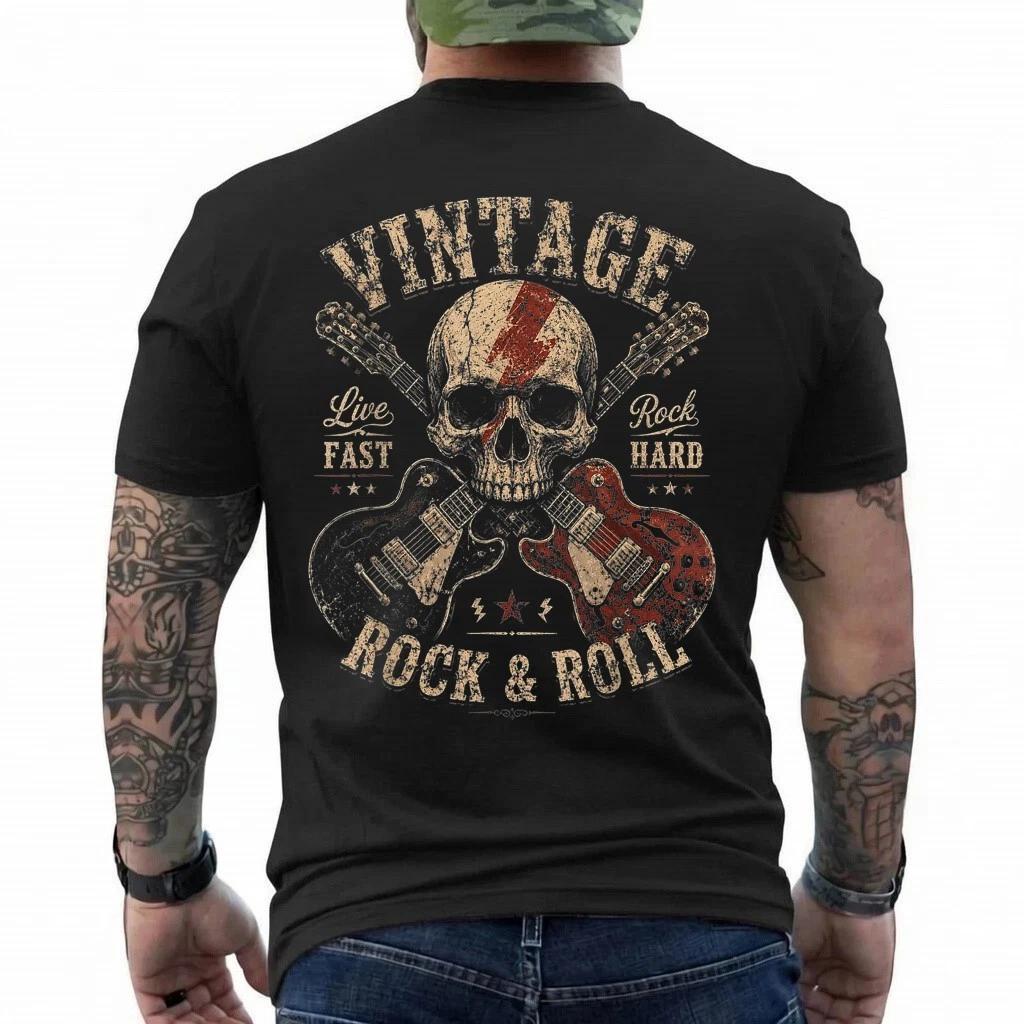Vintage Rock and Roll Skull Guitarist American Flag Guitar T-Shirt L
