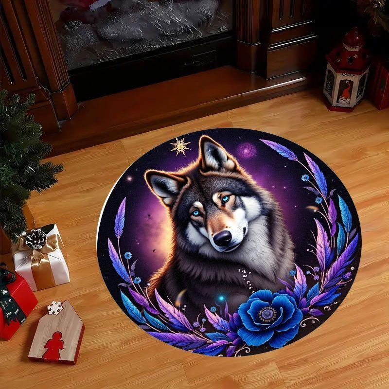 Wolf Galaxy Round Rug Flannel Cosmic Wolf Art Floor Mat Purple Blue Feather Flower Decor Living Room Bedroom Kids Room Soft Non