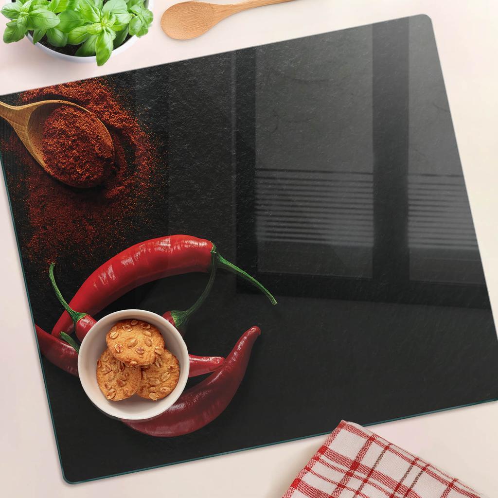 Glass Kitchen Serving Board With Chili Pepper Graphics 60X52 Cm