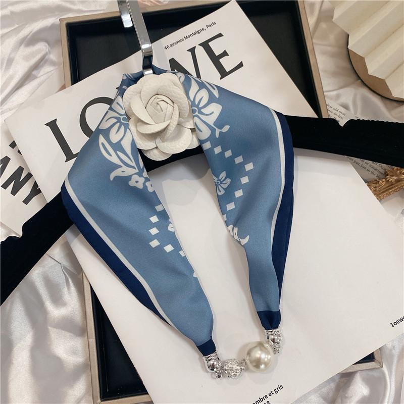 Luxury Design Magnetic Button Summer Silk Scarf Women Magnetic Pearl Necklace Scarves High End Matching Shirt Scarf Lady