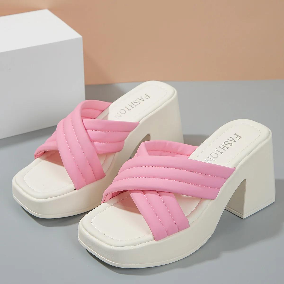 

Повседневные тапочки-кроссоверы на высоком каблуке для женщин, летняя новая верхняя одежда, толстый каблук, толстая подошва, однотонные пуловеры 42 розовый