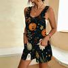 Women Plus Size Scoop Neck Sleeveless Halloween Ghost Print Loose Short Romper With Pockets
