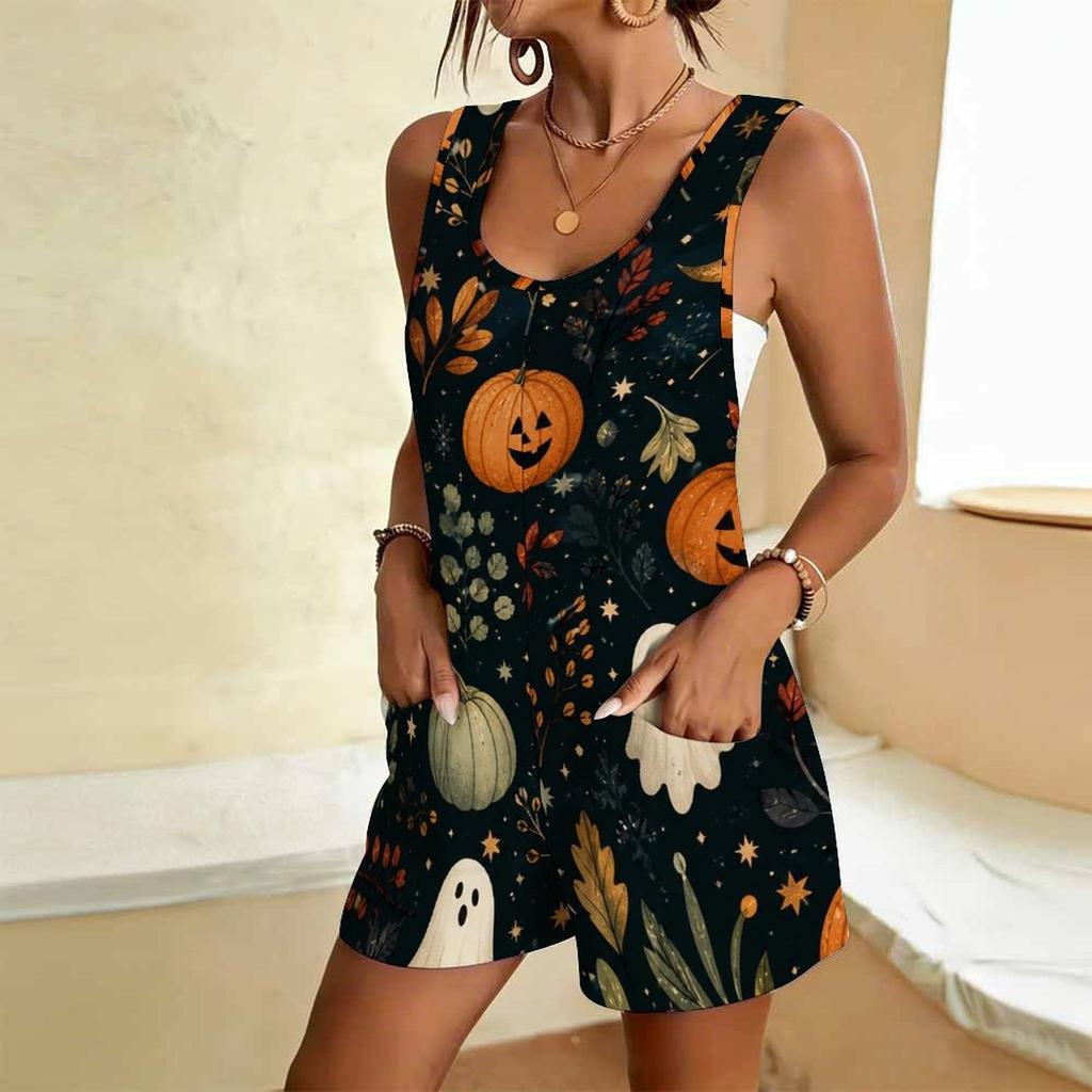Women Plus Size Scoop Neck Sleeveless Halloween Ghost Print Loose Short Romper With Pockets