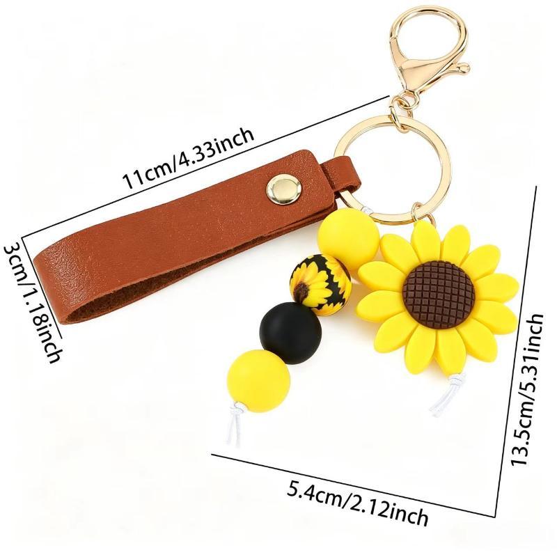 1Pcs Sunflower PU Leather Keychain Personalized Silicone Beads Bag Charm Unique Gift for Mother's Day
