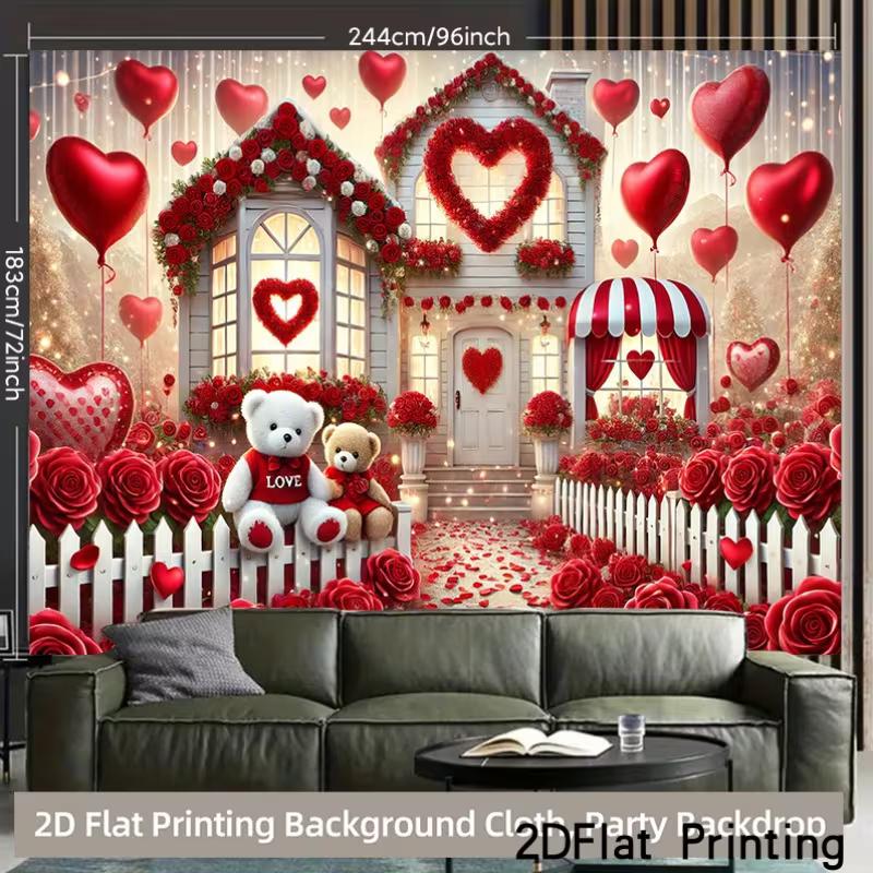 2D Valentine's Day Teddy Bear & Red Rose Photography Backdrop
