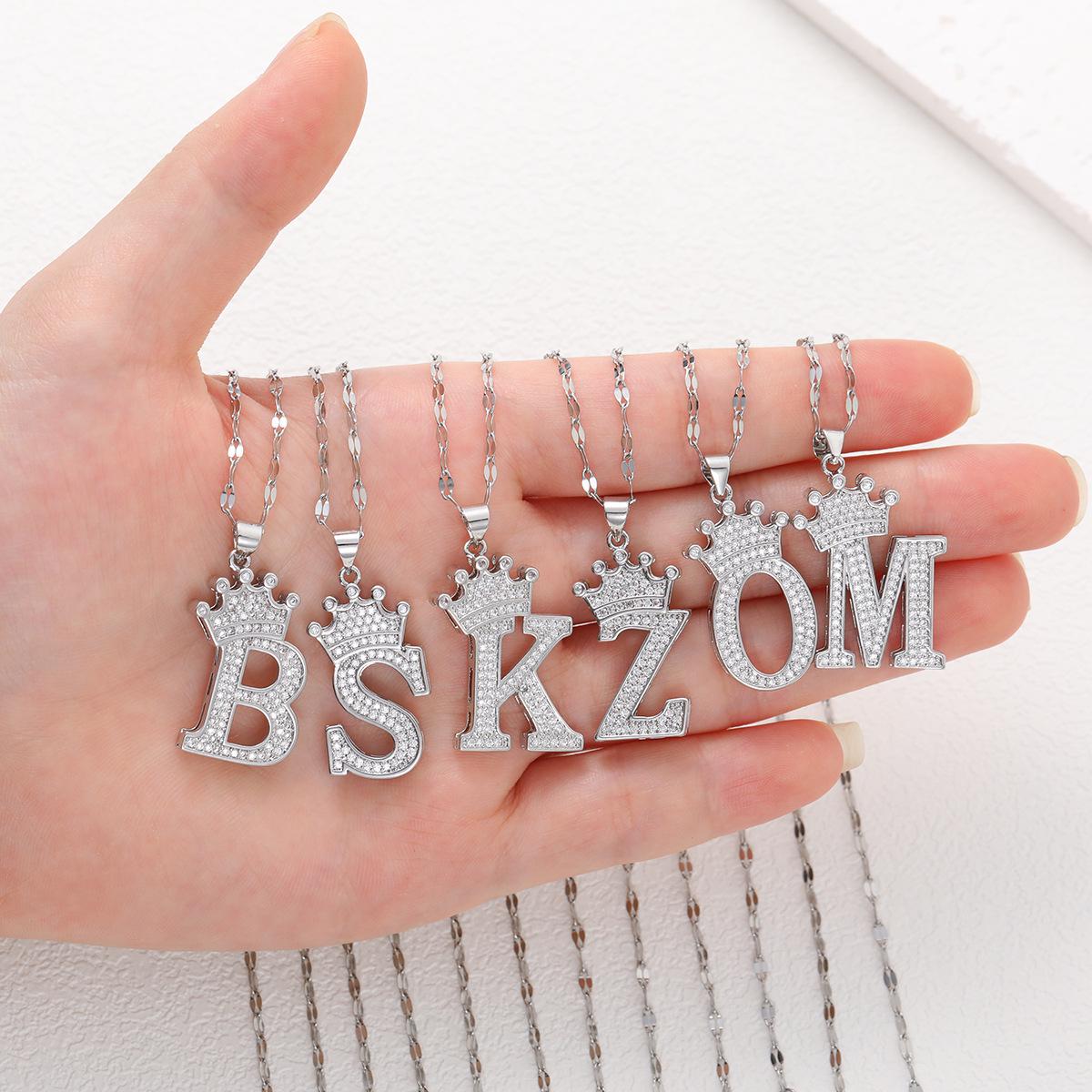 Crown Micro-Inlaid Zircon Letter Pendant Necklace - Trendy Accessory