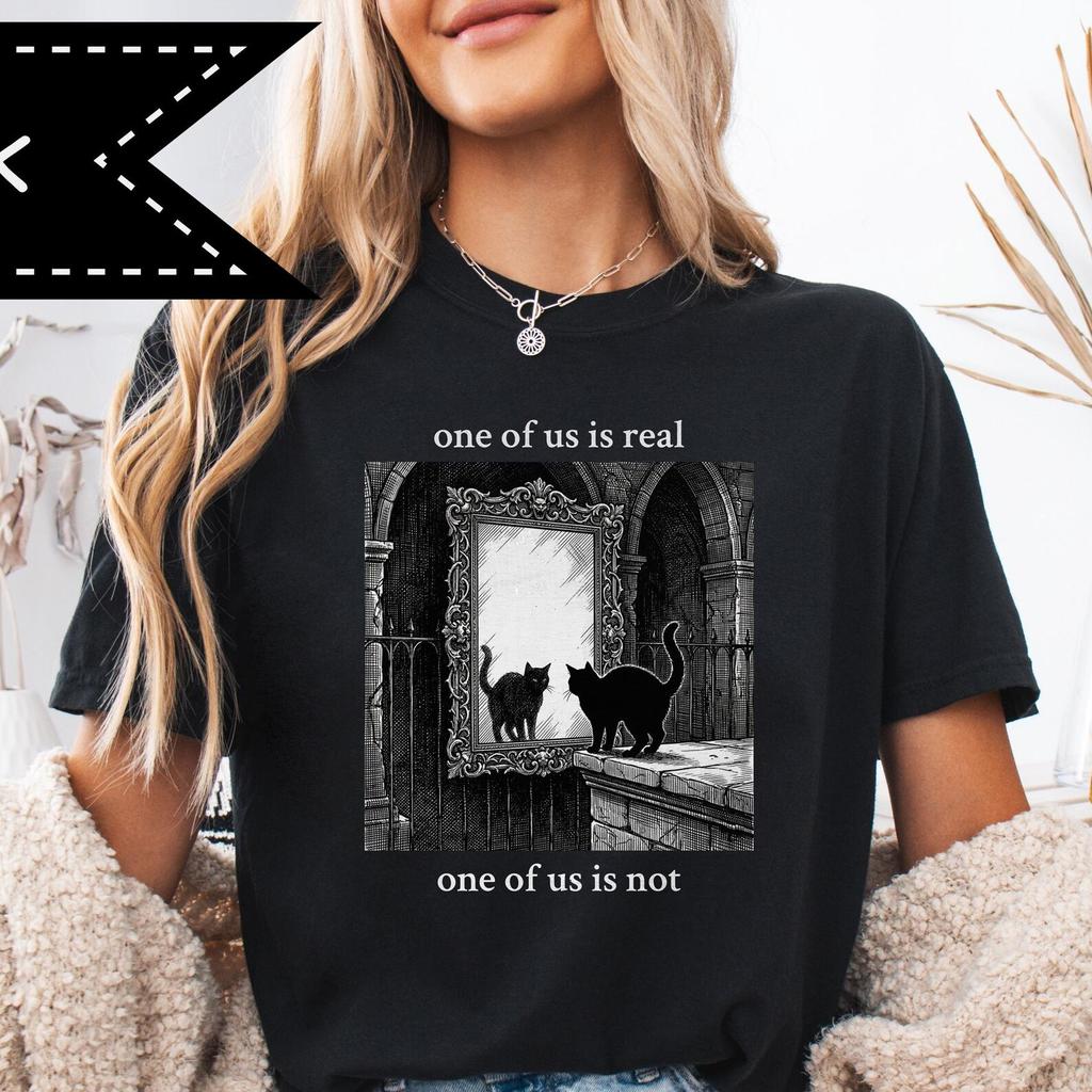 Black Cat Mirror Graphic Tee, Retro Philosophical Quote Shirt, Cat Lover Gift